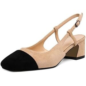 Eldof Women's Slingback Block Heels, Square Ladies, suede Black Beige US8